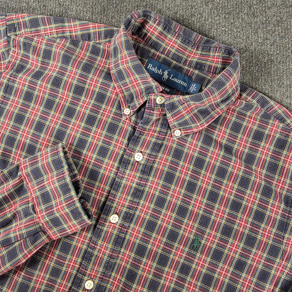 Ralph Lauren Mens Large Plaid Button Down Shirt Custom Fit Navy Red Green Pony